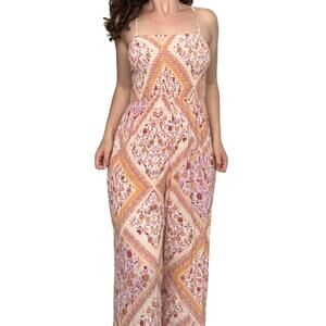 SO Small Ruched Orange Purple Pink Floral Paisley Romper Boho Beach Jumpsuit